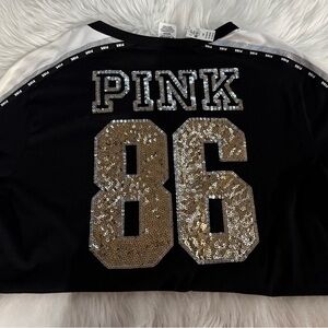 Victoria's Secret PINK Black Lace Up y2k 90s Tee shirt top BLING campus